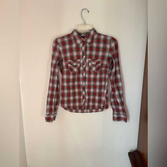 Abercrombie red plaid snap front long sleeve top size small 95 % cotton - Picture 4 of 11